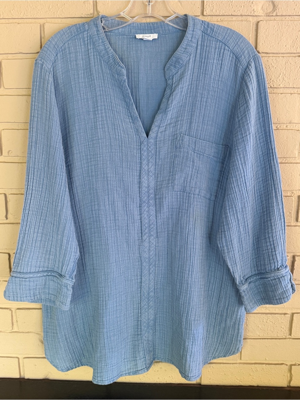 Pure J Jill Cotton Crinkle Gauze Tunic L Blue Top Coastal Boho Classic Resort